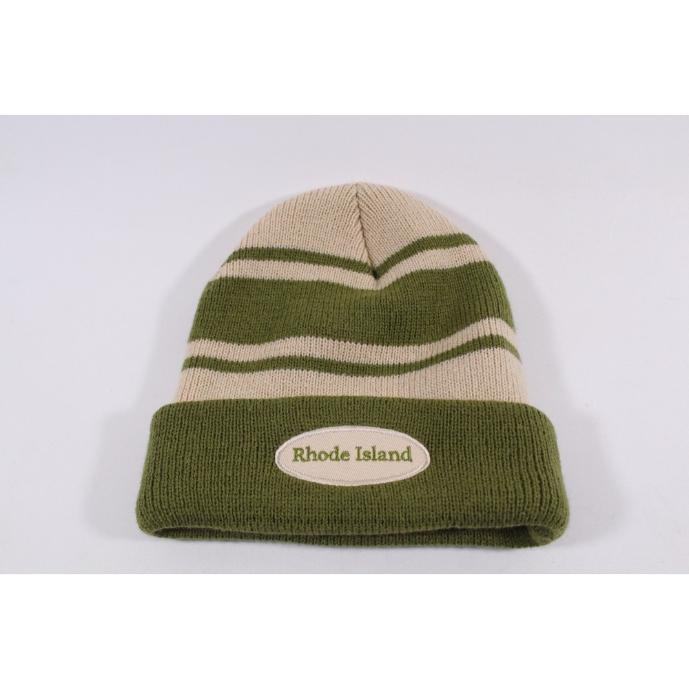 Rhode Island Embroidered Tan/Green Stripe Beanie Unisex 100% Acrylic One Size